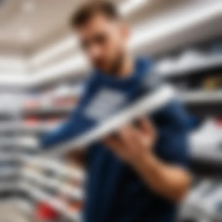 A person trying on sneakers in a retail store