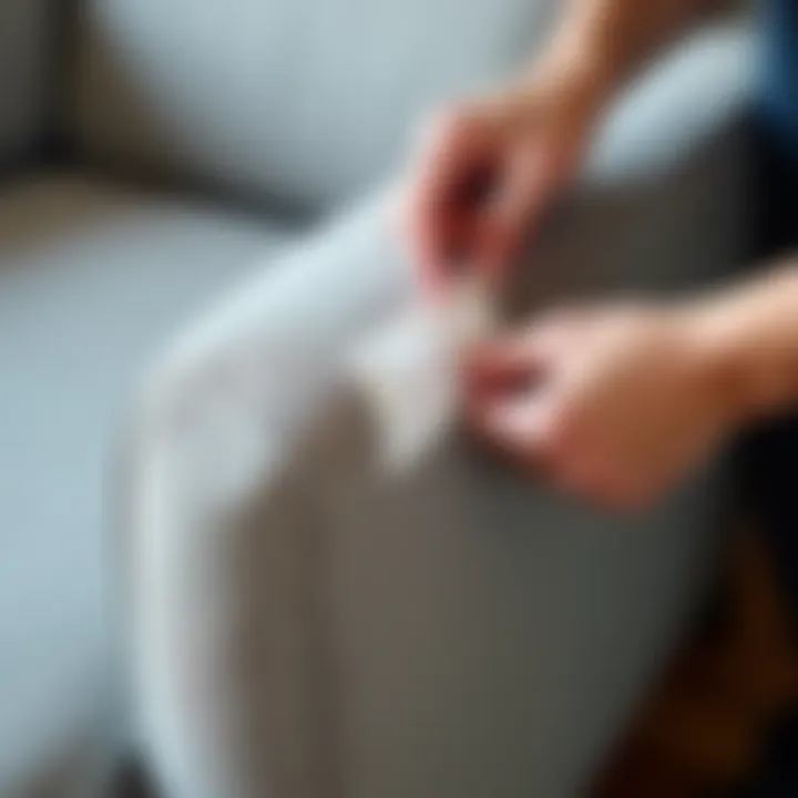 A person carefully applying a protective sticker on a sofa armrest to prevent wear and tear.