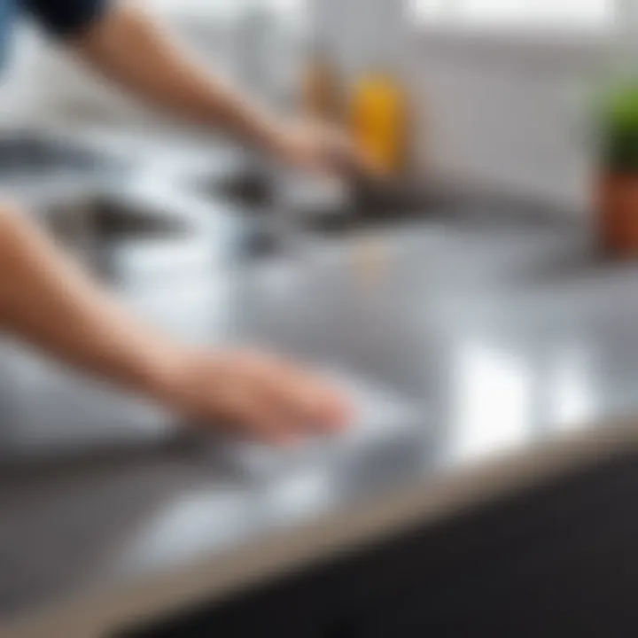 A person applying self-adhesive film to a countertop with precision