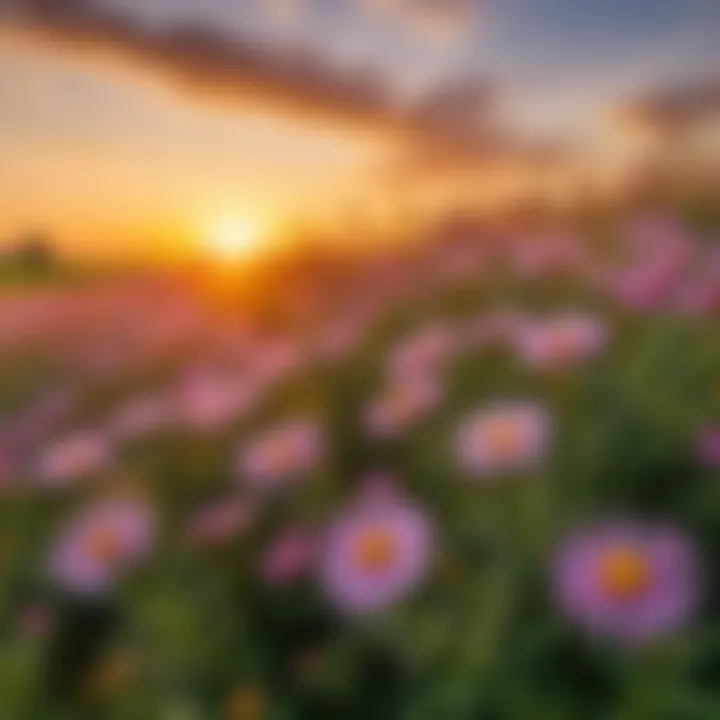 A field of asters blooming under a golden sunset