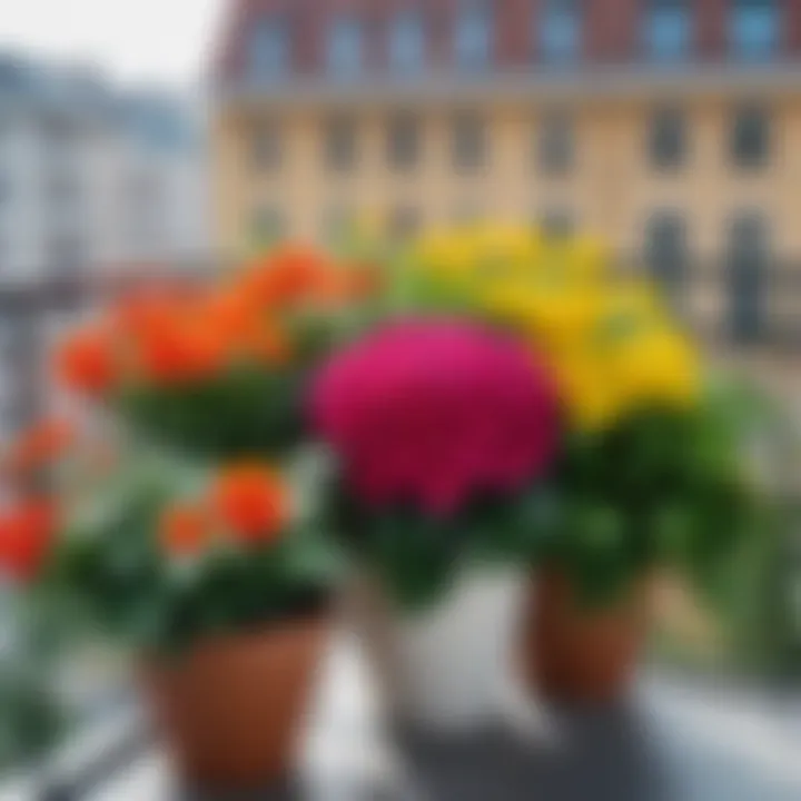 Well-arranged flower compositions on a balcony