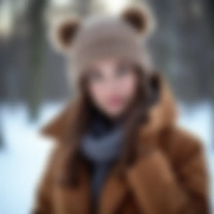 Fashionable outfit featuring bear hat paired with winter clothing