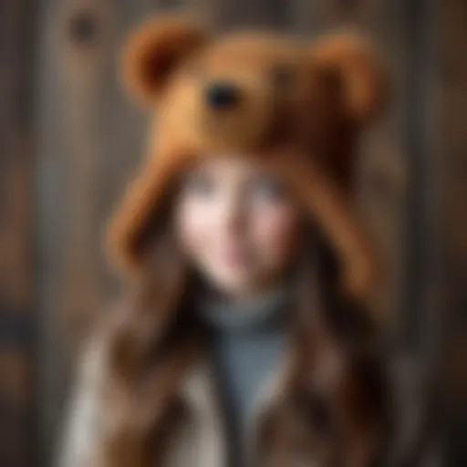 Cozy bear hat with ears on a rustic wooden background