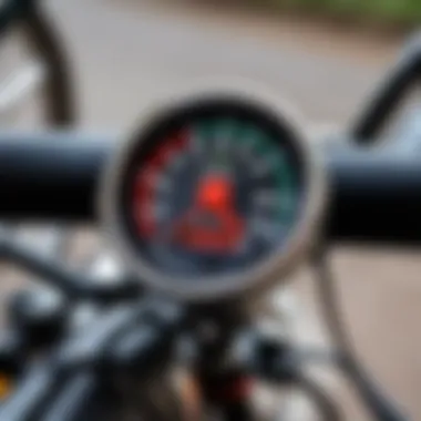 Close-up of a speedometer attached to a bicycle handlebar