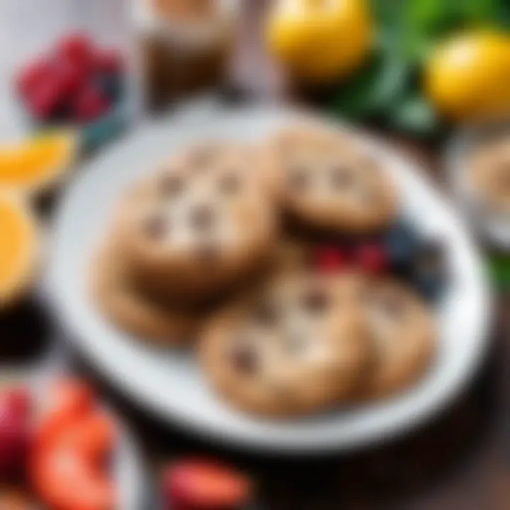 A healthy lifestyle concept featuring bran cookies alongside a fresh fruit and herb platter.