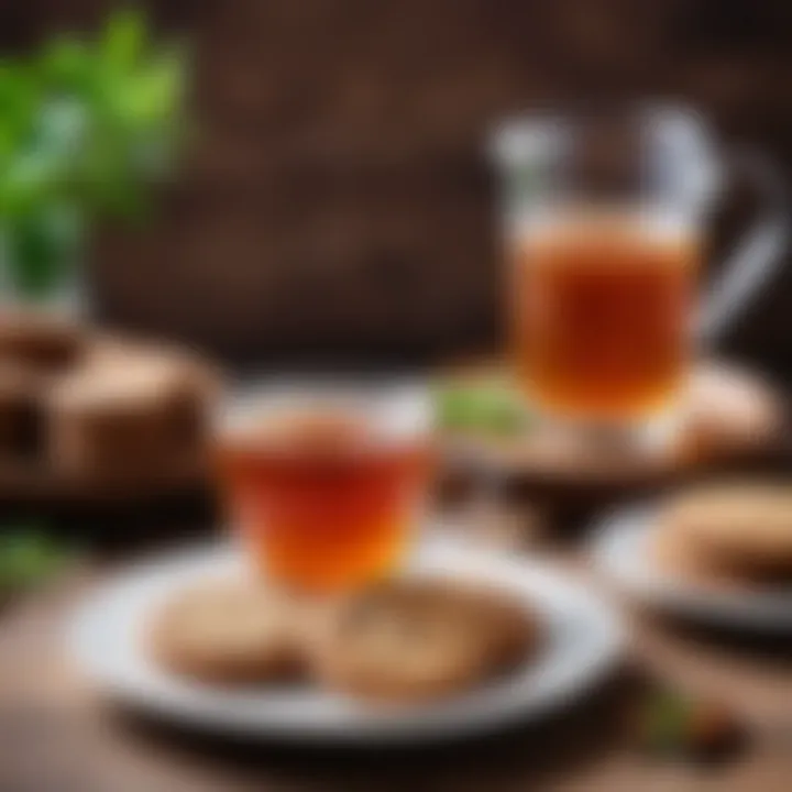 A beautifully plated bran cookie dessert served with a cup of herbal tea.