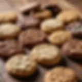 A close-up view of a variety of bran cookies displayed elegantly on a wooden table.