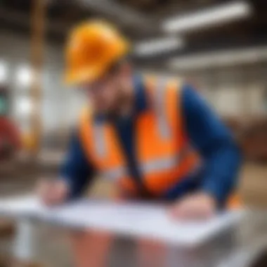 Engineer examining hydraulic construction plans