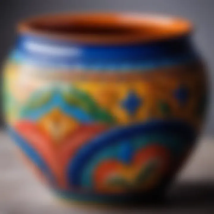 A close-up of a ceramic pot with intricate designs and vibrant colors.