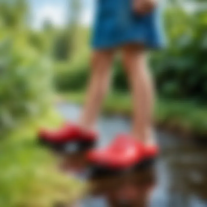 Child wearing stylish rubber clogs while playing outdoors