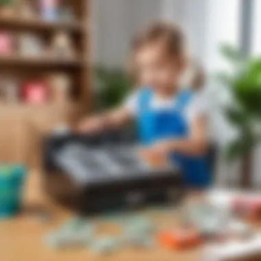 Child playing with a toy cash register and shopping items