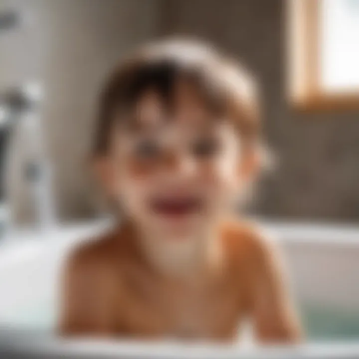 Child playing joyfully with water fountain in bathtub