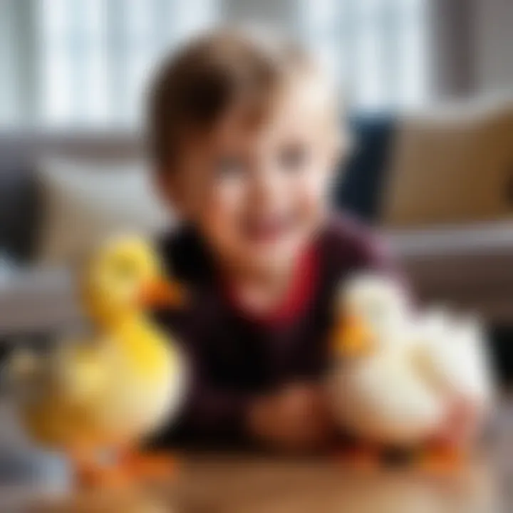 Child playing with a plush duck toy