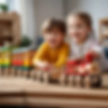 Children playing joyfully with a wooden train, emphasizing creativity