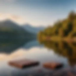 A scenic view of a tranquil lake reflecting various chocolate products.