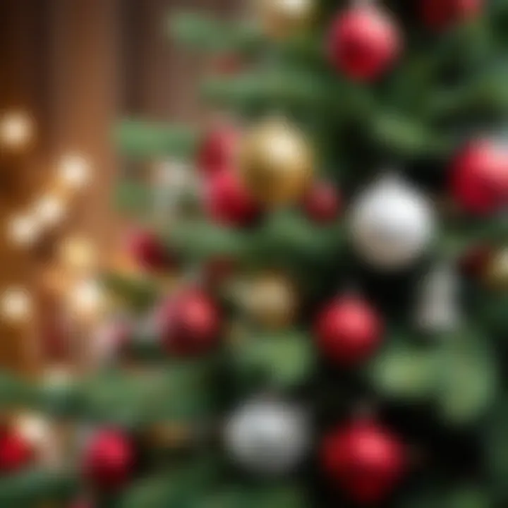 Close-up of a beautifully decorated artificial Christmas tree with ornaments