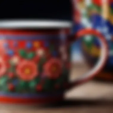 Close-up of the detailed craftsmanship of an enamel mug