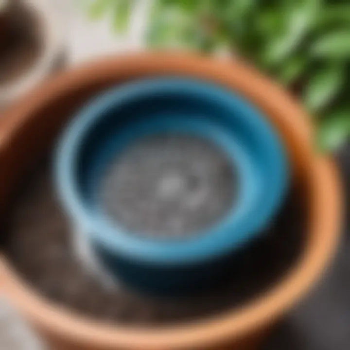 Close-up of a pot with a drainage tray highlighting the importance of drainage.