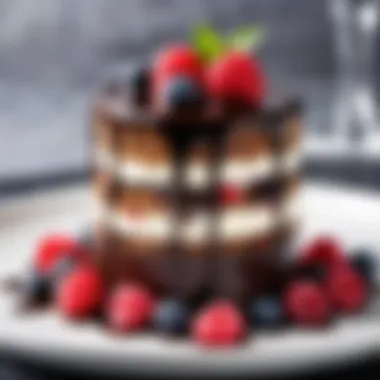 A close-up view of dark chocolate drizzled over berry parfait