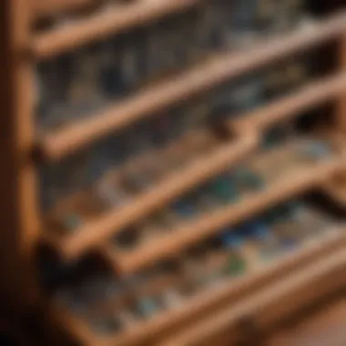 Close-up of a wooden jewelry organizer with intricate design