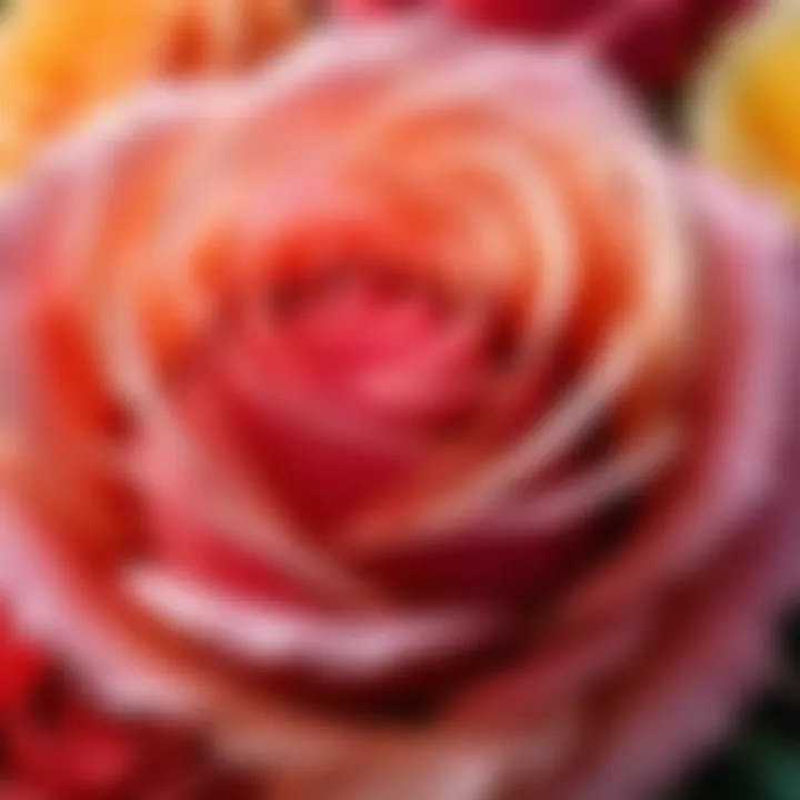 Close-up of the textures and colors of an artificial rose, highlighting its lifelike appearance.