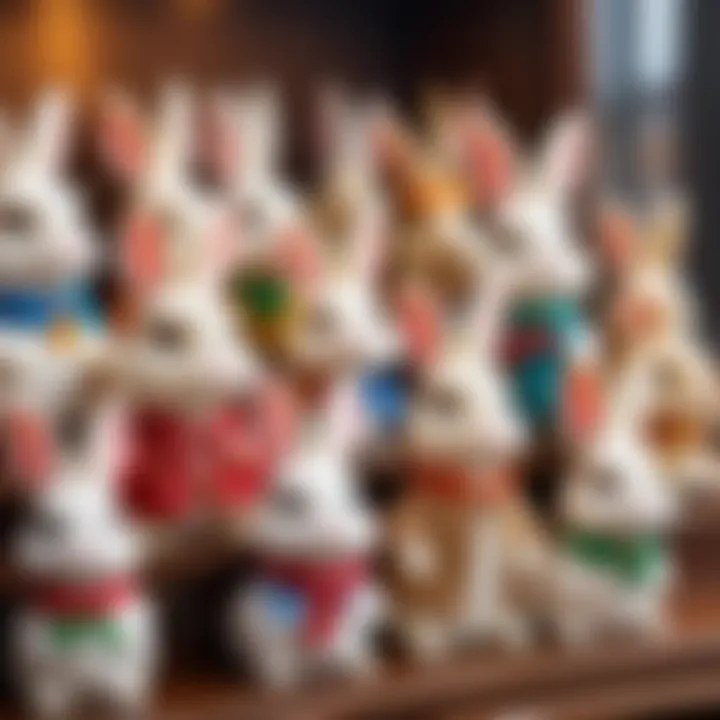 A collection of collectible toy rabbits in a showcase