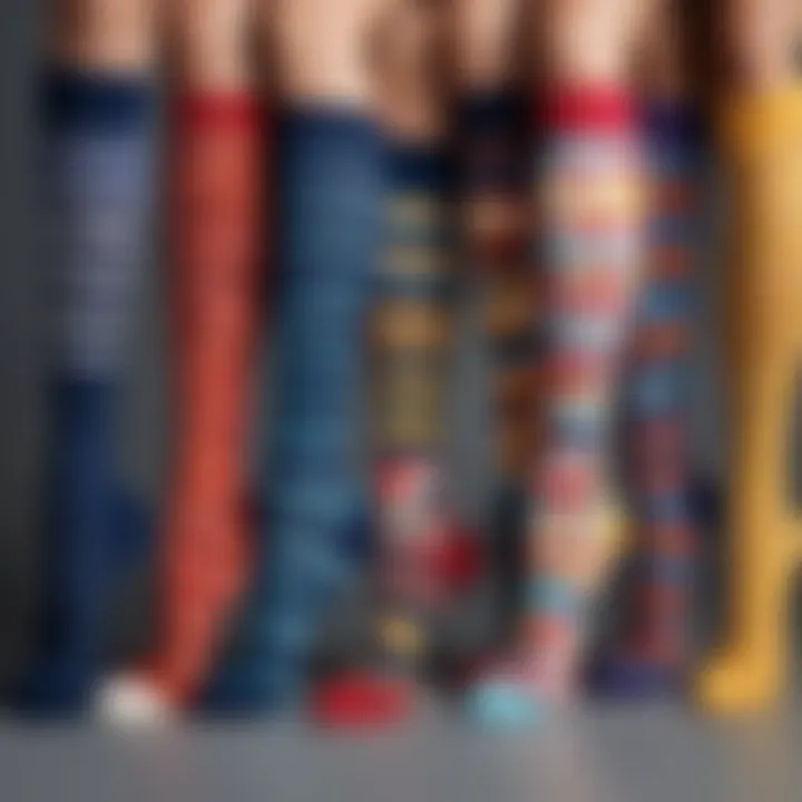 A collection of long socks showcasing diverse prints and colors