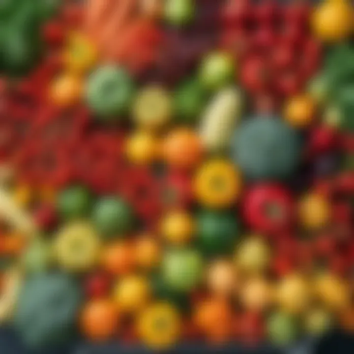 A collection of vibrant fruits and vegetables in a shopping cart