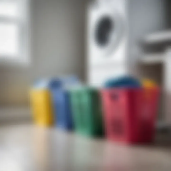 Colorful plastic laundry baskets organized in a laundry room