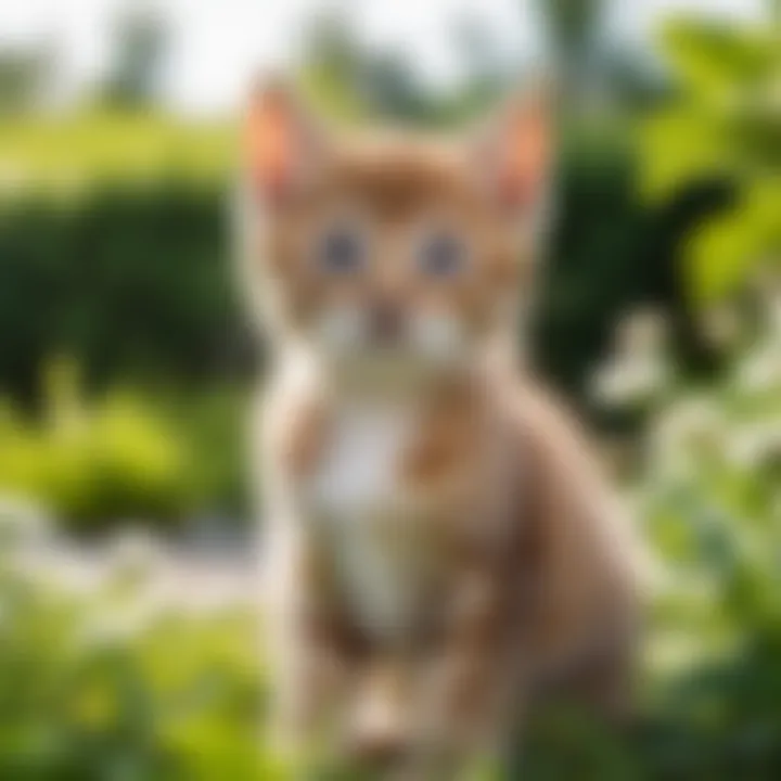 A serene scene of a calm kitten amidst a peaceful garden backdrop.