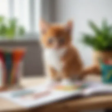 A creative workspace featuring a variety of colored pencils and a kitten coloring book.