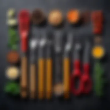 Various types of food tongs arranged for comparison