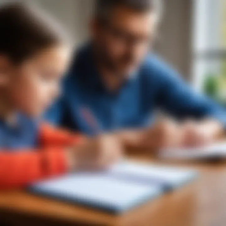 Parents selecting notepad and pen sets