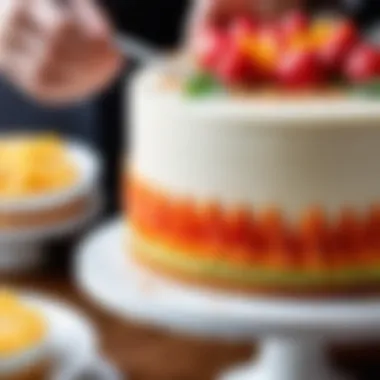 A close-up view of elegant cake decorating techniques in action