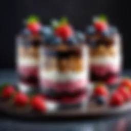 A decadent display of berry parfait enveloped in dark chocolate