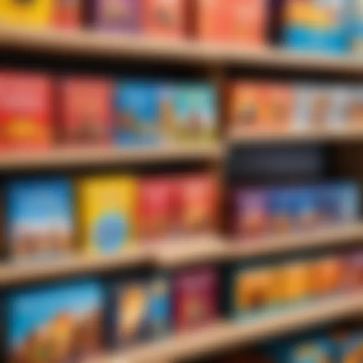 A selection of educational board games displayed on a shelf