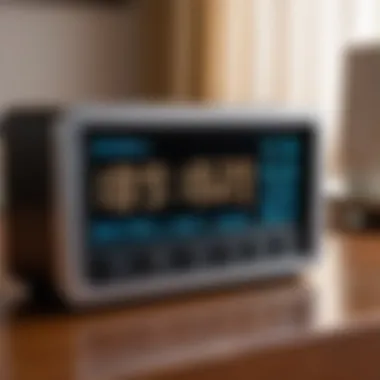 Digital alarm clock displaying various time settings