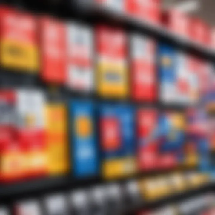 Close-up of discount tags and promotional signs in a store