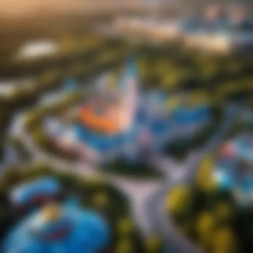 Aerial view of a Disney theme park showcasing its attractions