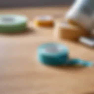 A roll of double-sided fabric tape on a sewing table