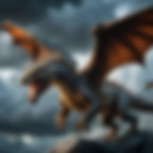 A majestic dragon soaring through a stormy sky, symbolizing power and mystery.