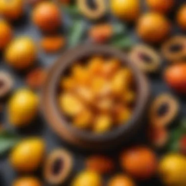 A bowl filled with dried mango, surrounded by fresh fruits