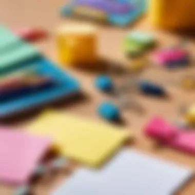 A close-up of essential stationery items like paper clips, markers, and sticky notes.