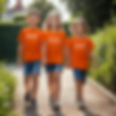 Children wearing orange t-shirts in a playful outdoor setting