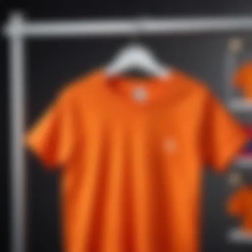 A vibrant orange t-shirt displayed on a hanger against a bright background