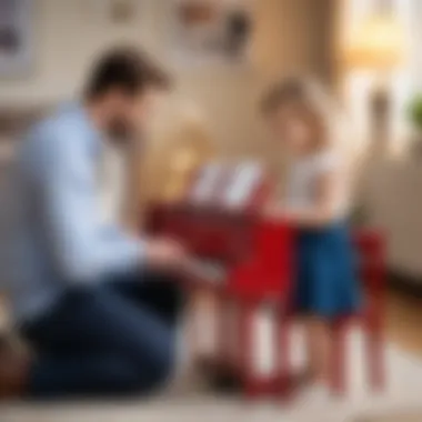 Parents reading product reviews to choose the best toy piano for their child