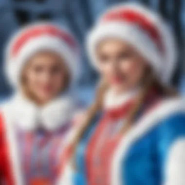 Colorful Snow Maiden costumes displayed during a festive Russian celebration