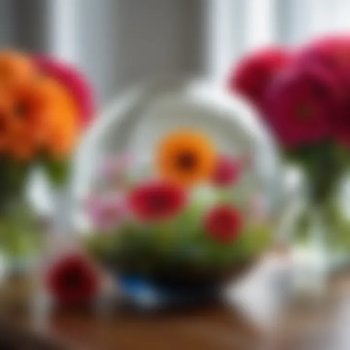 Artistic glass sphere vase surrounded by seasonal flowers