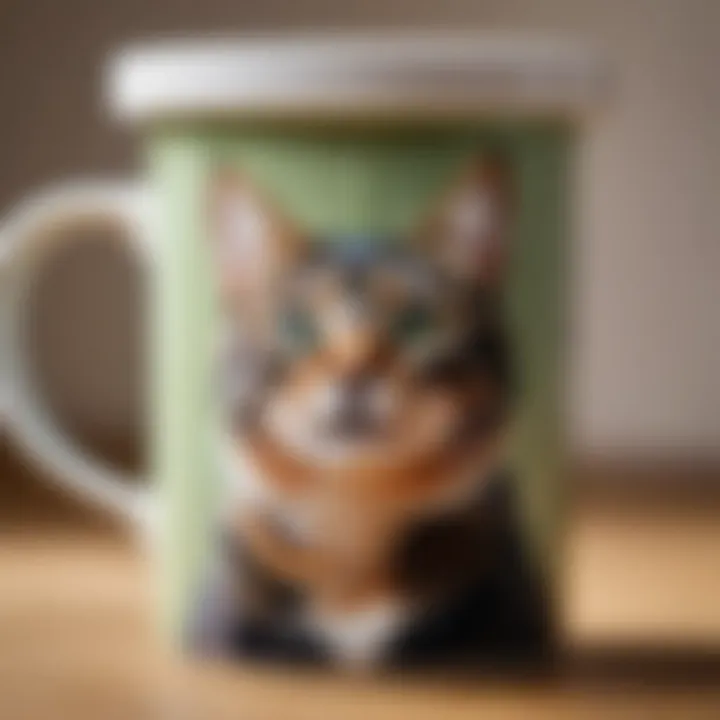 A close-up of a whimsical cat-themed mug with a lid adorned with playful cat illustrations