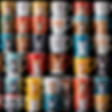 Diverse Cat-Themed Mug Designs A selection of cat-themed mugs with lids displayed in a colorful array, showcasing different designs